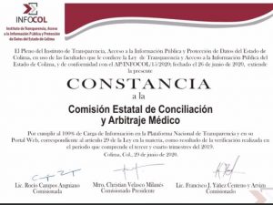 Entrega de Constancia de Cumplimiento por la Publicación de Información de las Obligaciones de Transparencia a la Comisión Estatal Arbitraje Médico (Coescamed) Colima.