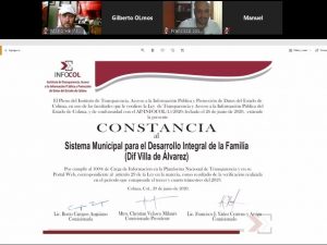 Entrega de constancia de cumplimiento por la publicación de información de las obligaciones de transparencia al Sistema Integral de la Familia DIF Villa de Álvarez.